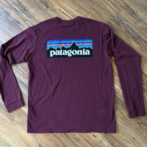 Patagonia Long Sleeve T-Shirt Medium Burgundy Responsibili-Tee Logo P-6 Gorpcore